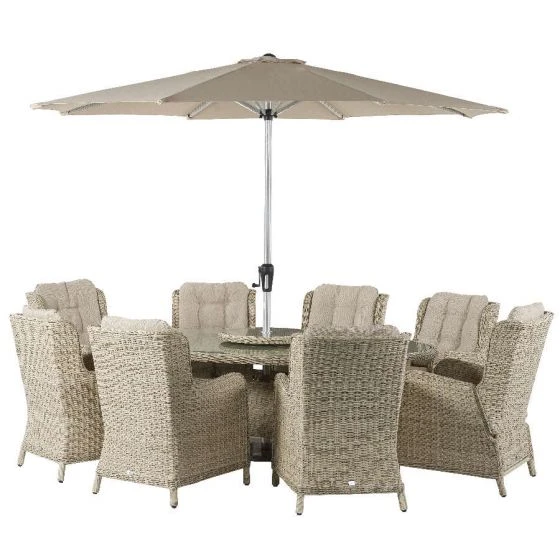 Bramblecrest Chedworth 220 X 145cm Elliptical Table, 60cm Lazy Susan, 2 Recliners, 6 Armchairs & Parasol - Sandstone - Image 4