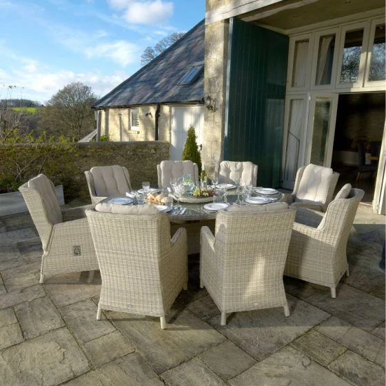 Bramblecrest Chedworth 220 X 145cm Elliptical Table, 60cm Lazy Susan, 2 Recliners, 6 Armchairs & Parasol - Sandstone - Image 2