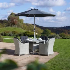 Bramblecrest Chatsworth 4 Seat Set W 120cm Table & Parasol -Verdant Living chatsworth 4 seat round set with 120cm table parasol