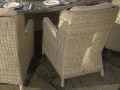Bramblecrest Chedworth 220 X 145cm Elliptical Table, 60cm Lazy Susan, 2 Recliners, 6 Armchairs & Parasol - Sandstone -Verdant Living chedworth chair close up