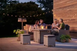 Kettler Palma Mini Corner Seating With Firepit Table (Whitewash With Grey Taupe Cushions) -Verdant Living palma mini with firepit and people